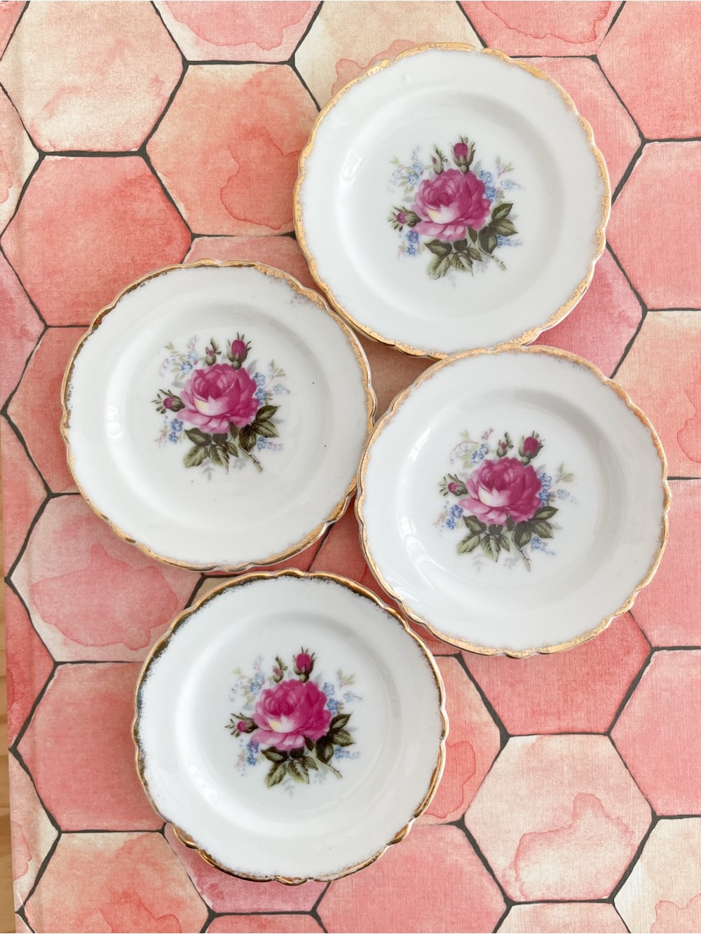 Vintage Chase Japan Moss Rose Porcelain Tea Bag Holders/Trinket Dishes -Set of 4